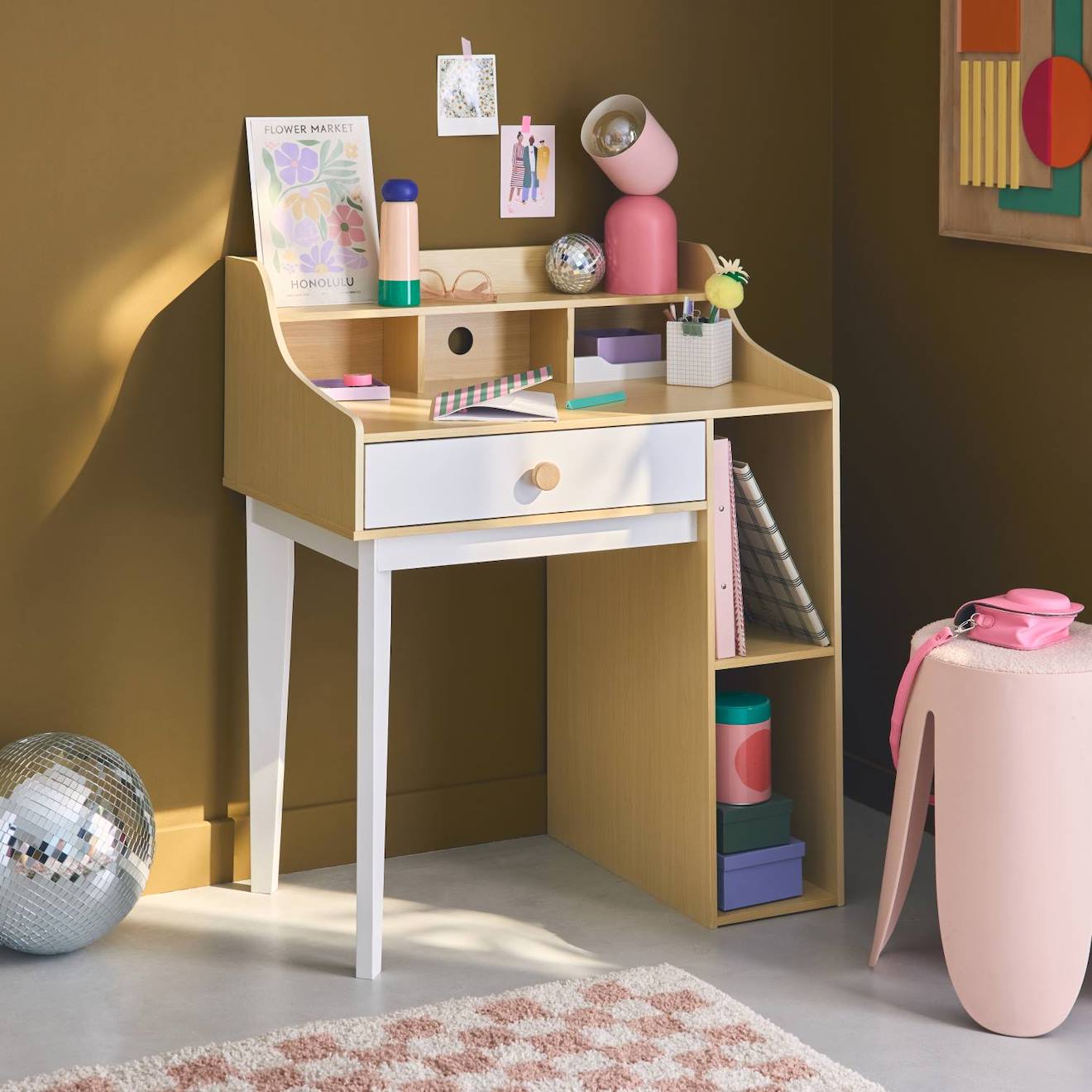 Bureau Enfant Avec Tiroir Et 3 Étagères, L 80 X P 50 X H 96 Cm Blanc Et Naturel
