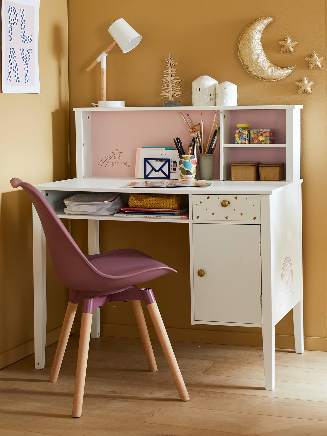 Bureau enfant MAKE A WISH blanc clair uni avec decor