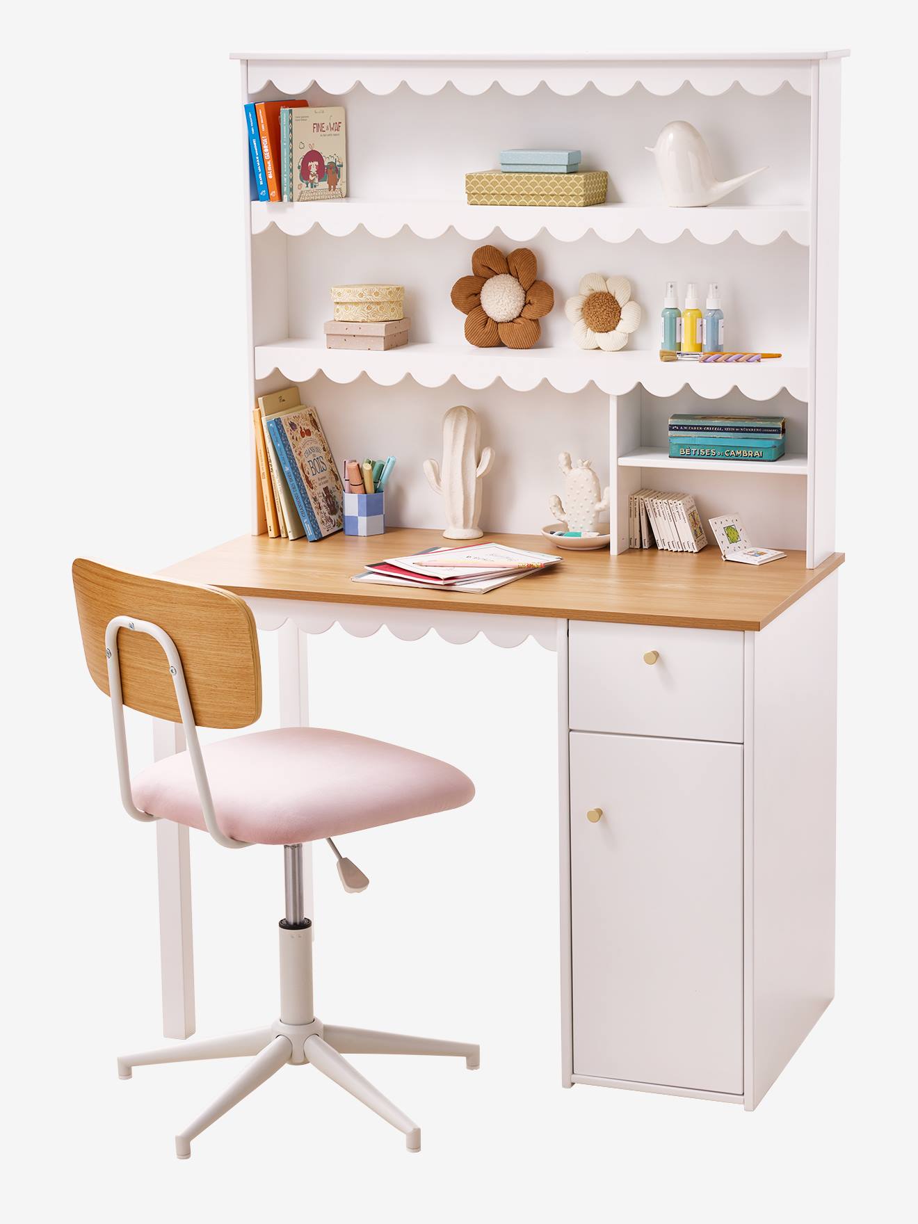Bureau enfant rangement feston blanc