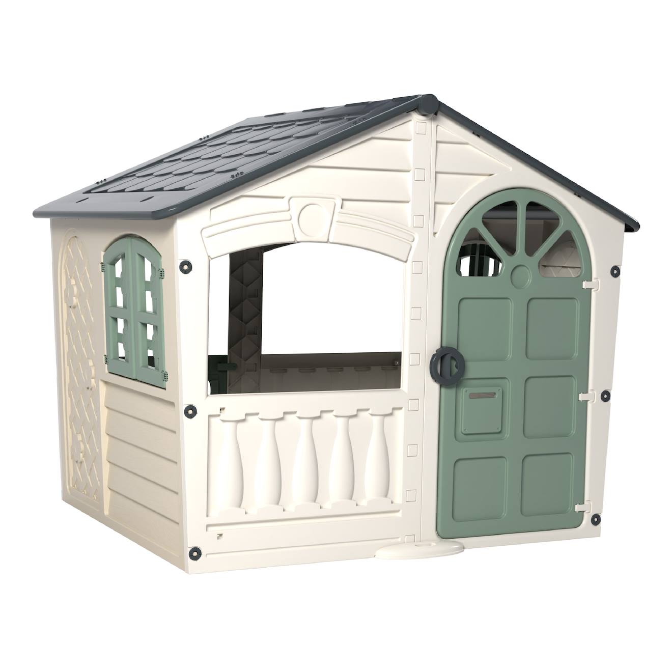 Cabane Enfant Avec Balcon Et Fenêtres Ouvrantes – Maisonnette De Jardin – Dès 18 Mois Blanc Crème - Gris - Vert Saug