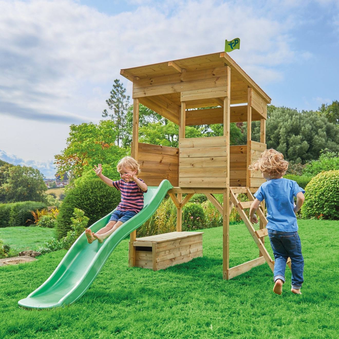 Cabane Sur Pilotis Avec Toboggan Cimes Bois Fsc® Marron - Vert