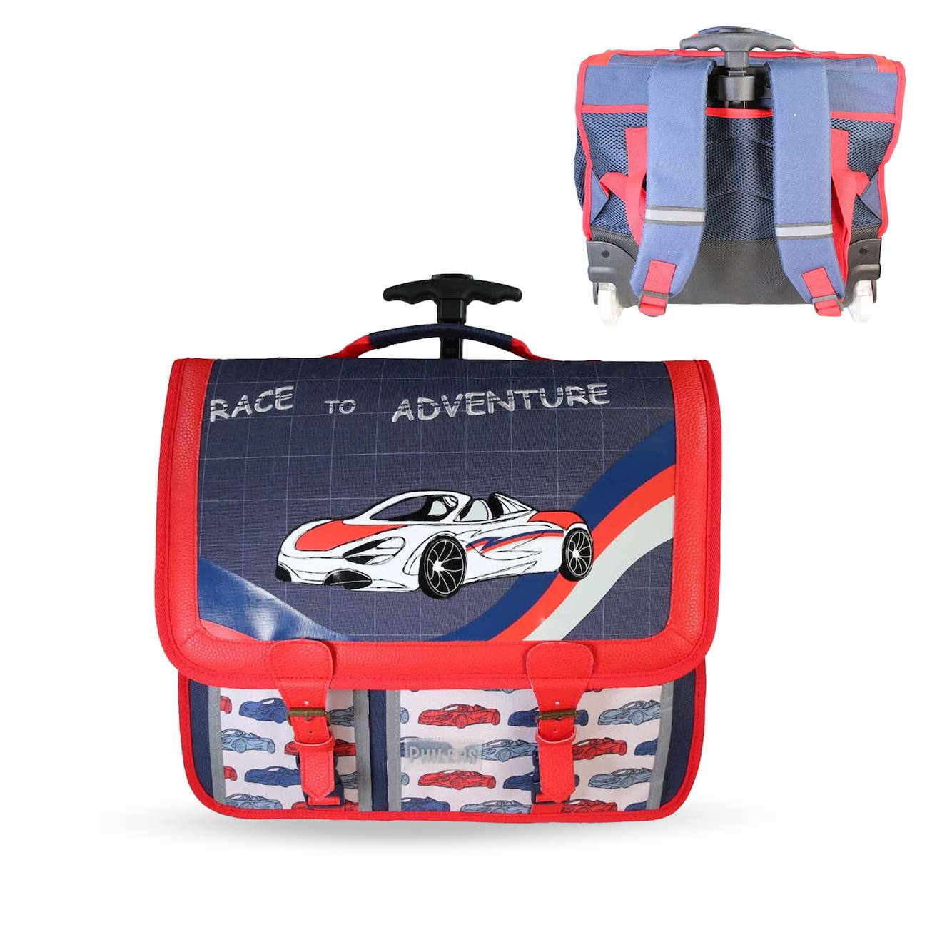 Cartable À Roulettes 41 Cm Phileas – Motif Voiture – 2 Compartiments Rouge Et Bleu