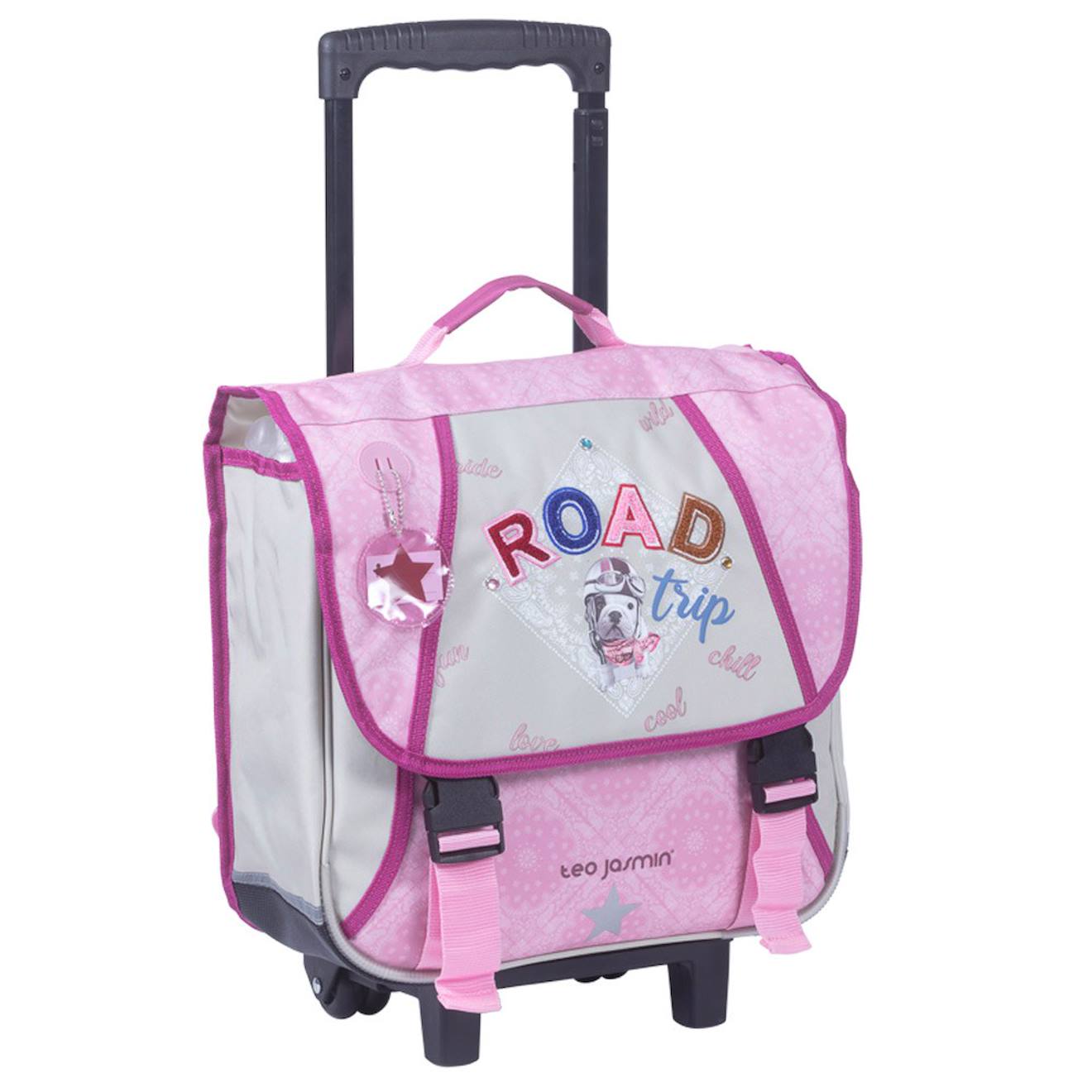 Cartable À Roulettes Textile Poignée Télescopique Teo Jasmin 38 Cm Noir / Rose / Gris