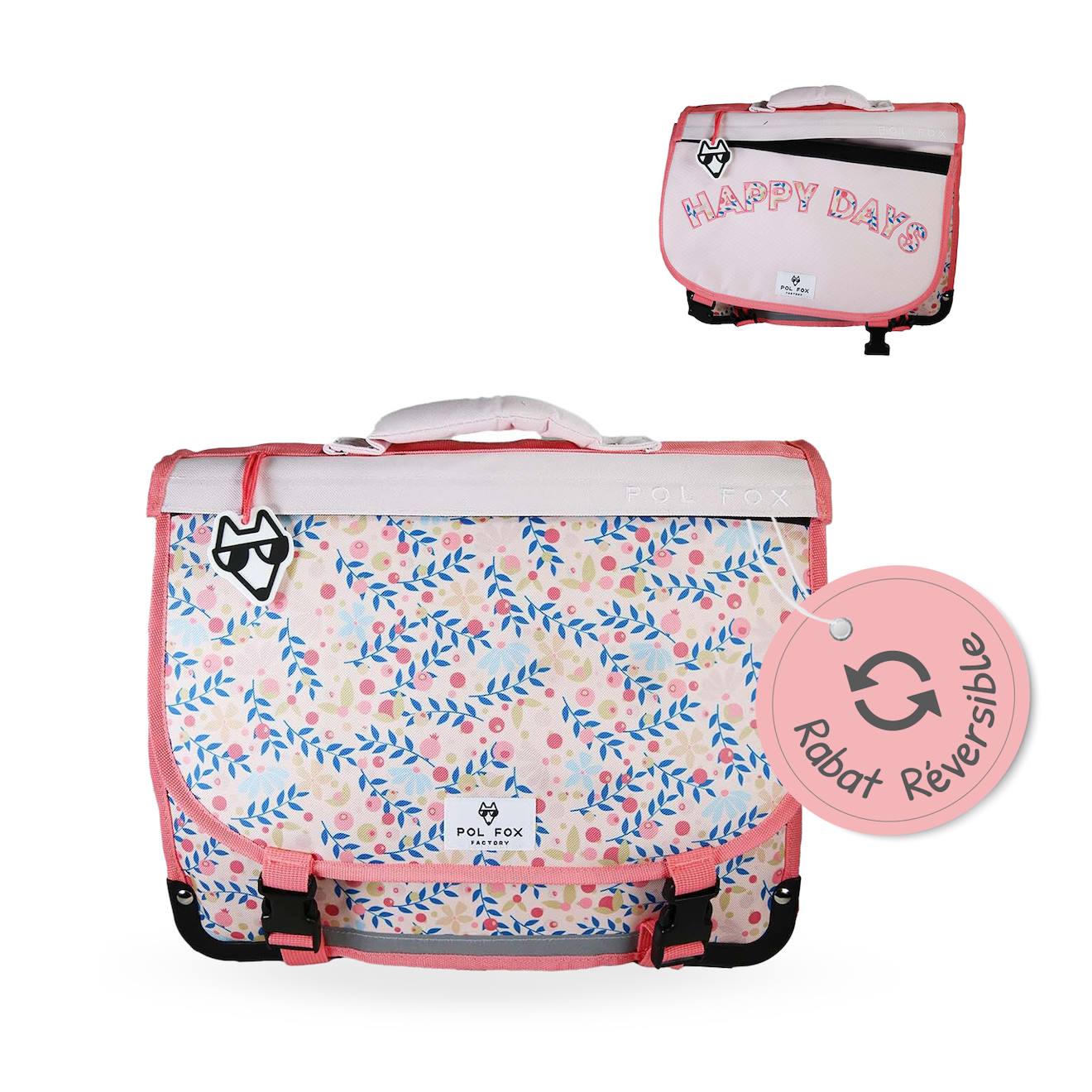 Cartable Scolaire Réversible 38 Cm Pol Fox Happy Blush – Motif Fleurs – 2 Compartiments Rose