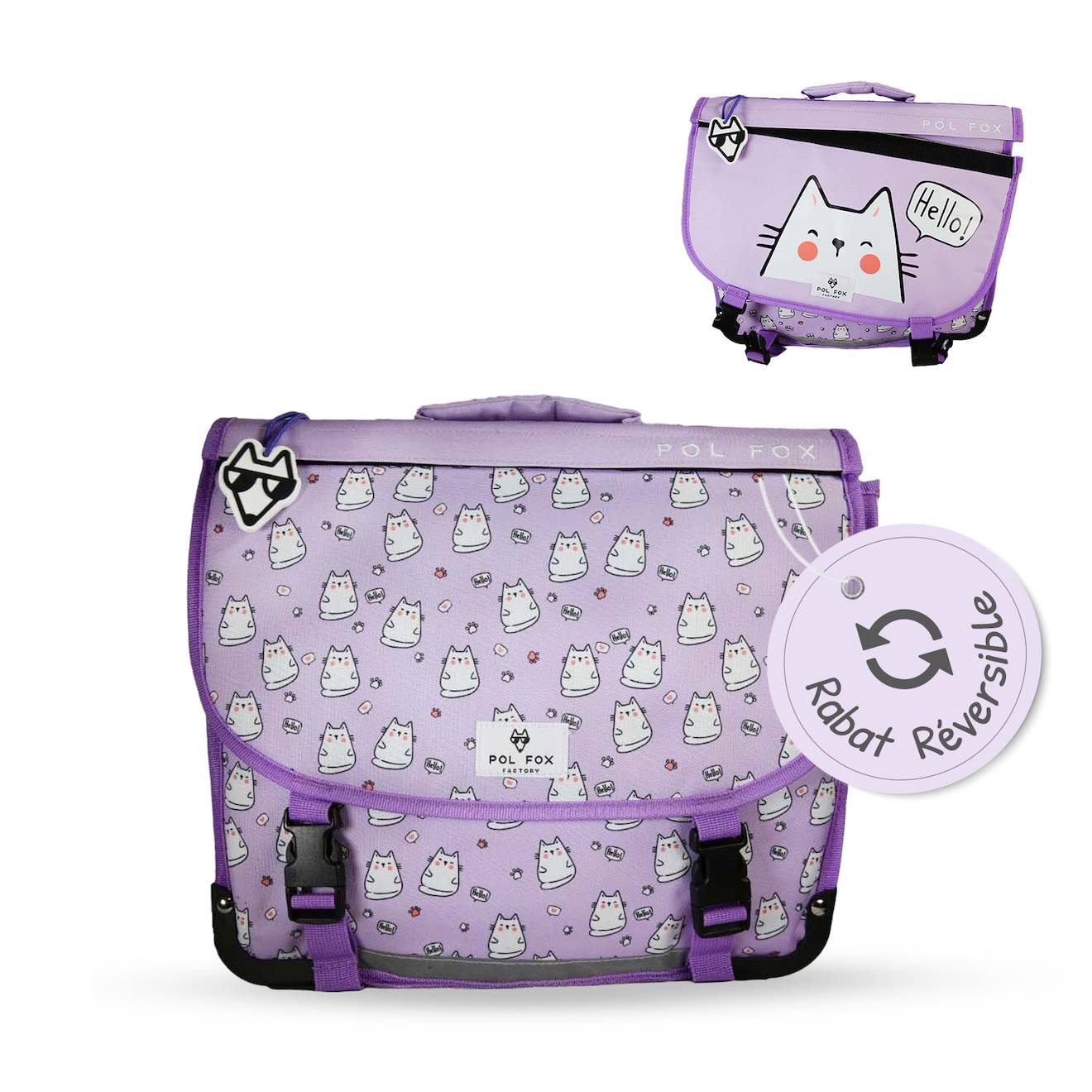 Cartable Scolaire Réversible 38 Cm Pol Fox Hello – Motif Chat – 2 Compartiments Violet