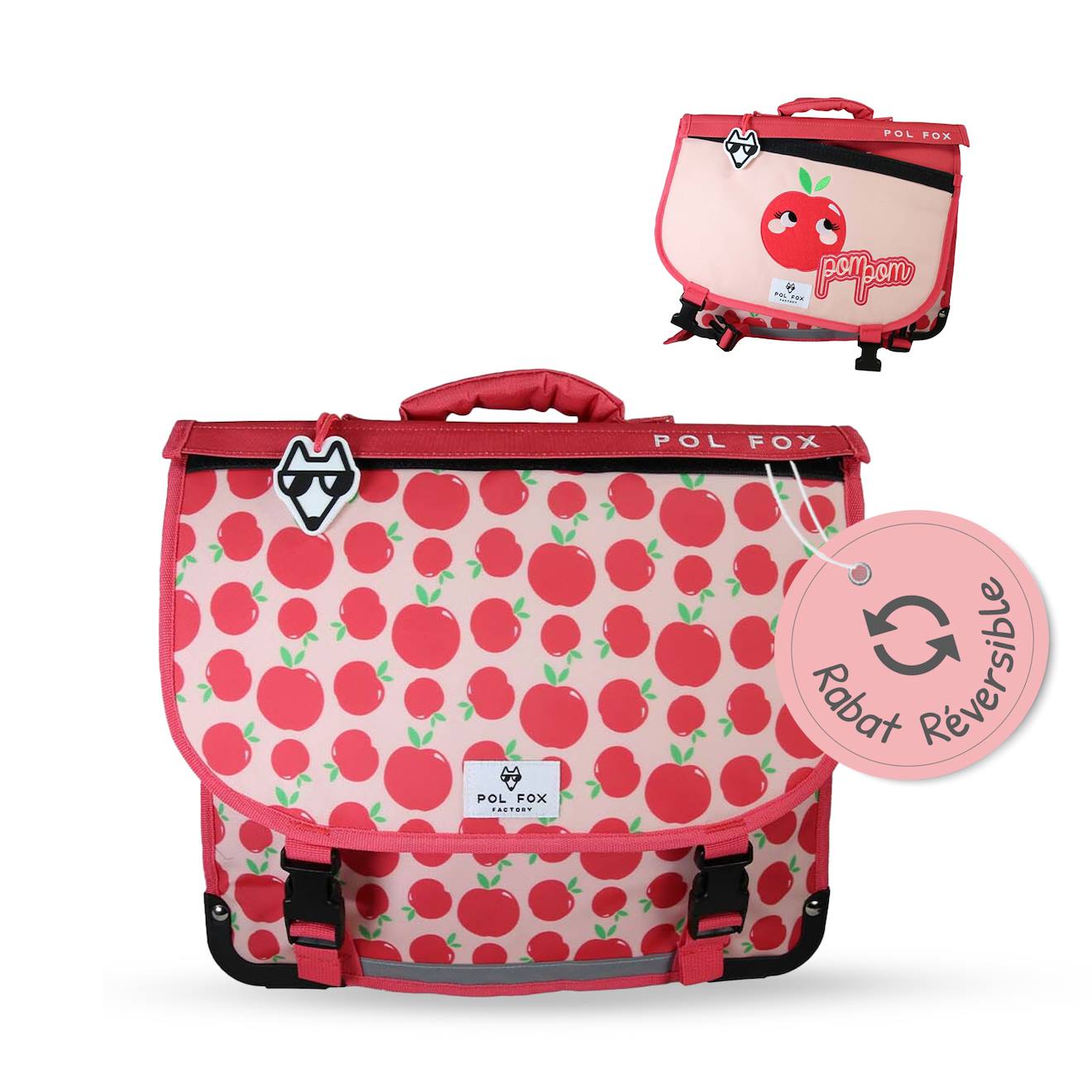 Cartable Scolaire Réversible 38 Cm Pol Fox Pompom – Motif Pomme – 2 Compartiments Rose Et Rouge