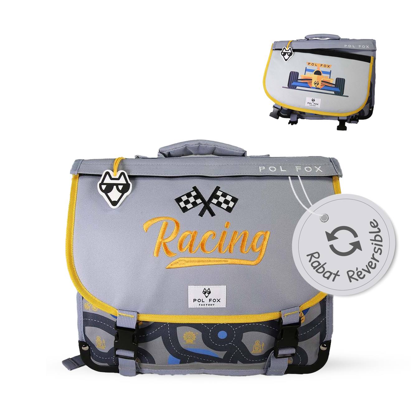 Cartable Scolaire Réversible 38 Cm Pol Fox Race – Motif Voiture – 2 Compartiments Gris