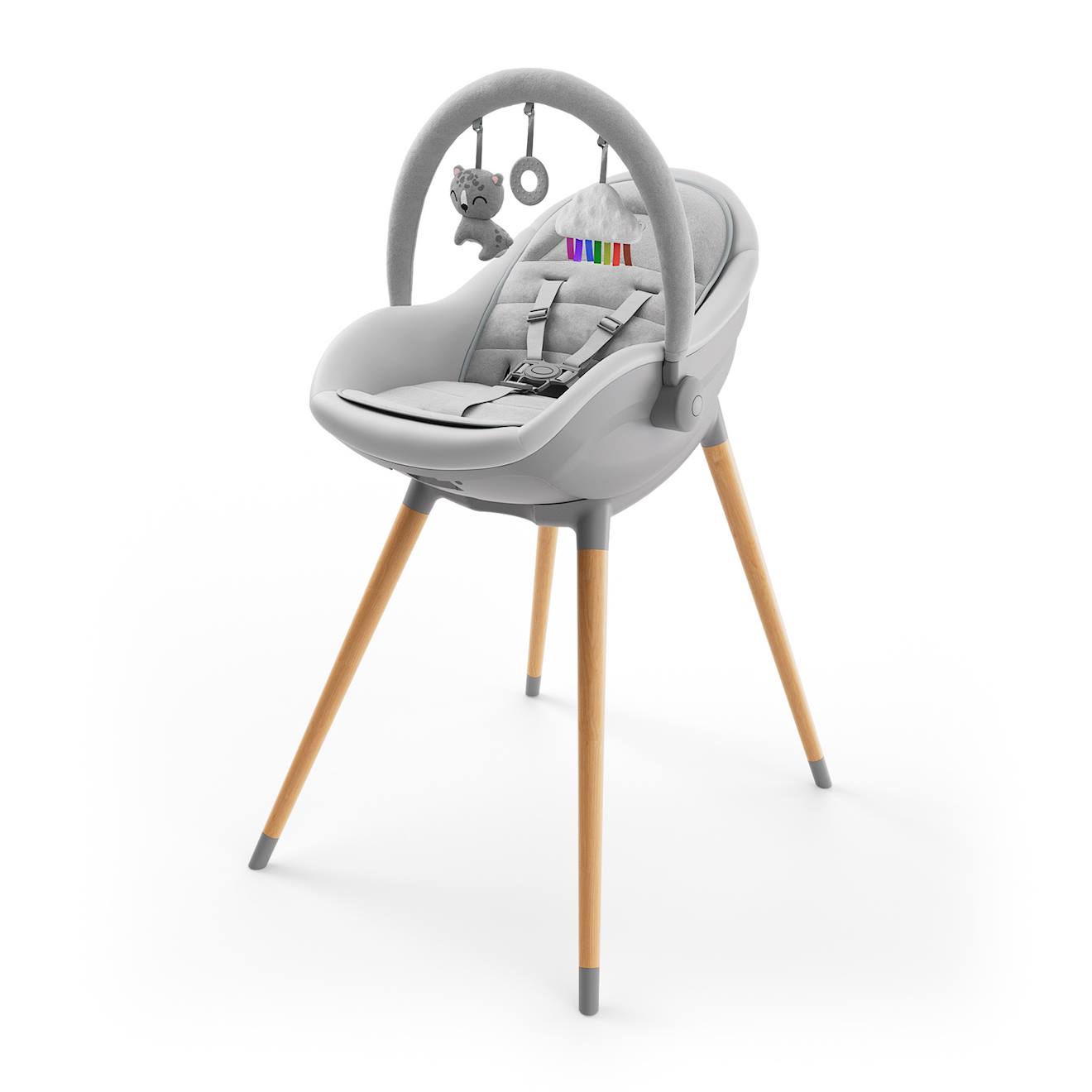 Chaise Haute 2-en-1 Fini Up, Évolutive Transat Et Repas Avec Double Plateau, Harnais 5 Points, Réglable, Insert Nouveau-né, Arche Jouets, Pieds Bois, Facile À Nettoyer Gris