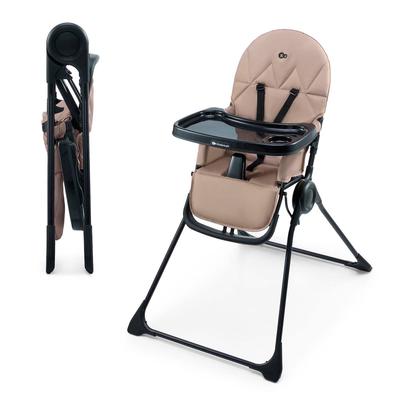 Chaise Haute Bébé Kinderkraft Binci Pliable Et Compacte Avec Plateau Réglable, Harnais 5 Points Et Repose-pieds Beige