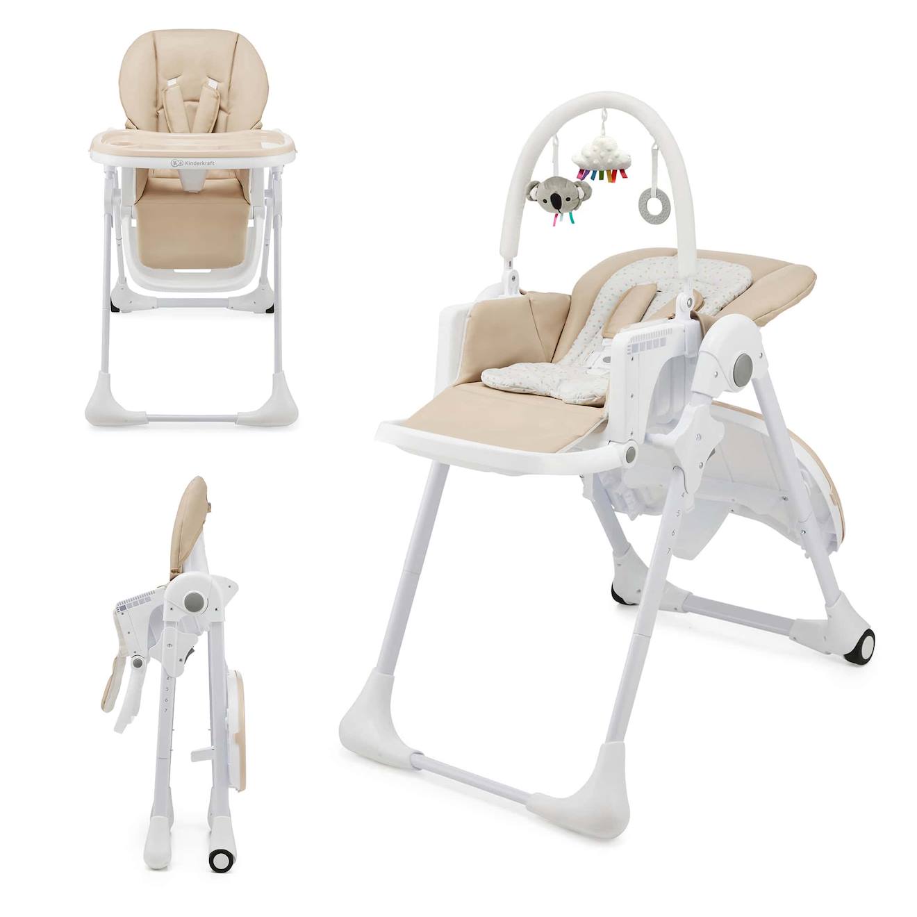 Chaise Haute Bébé Tummie 2 En 1 Avec Fonction Transat, Réglage 7 Hauteurs, Double Plateau Et Pliage Compact Beige