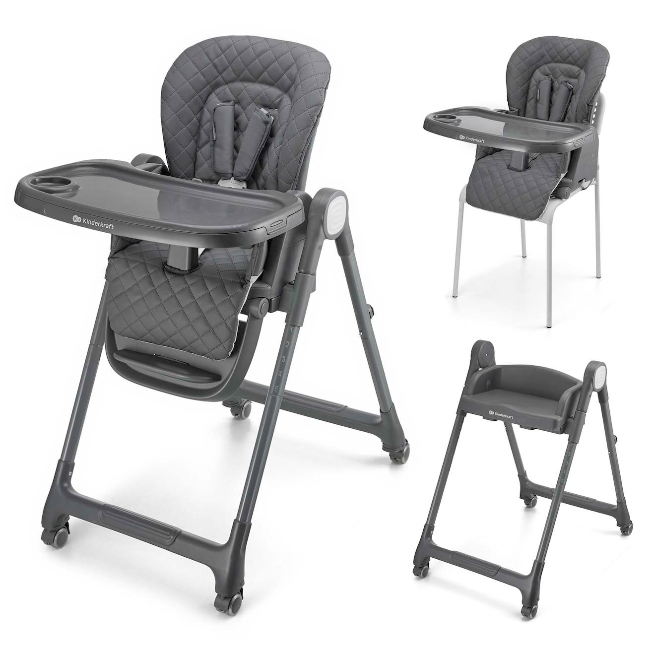 Chaise Haute Évolutive Kinderkraft Tulo 3 En 1 Avec Hauteur Réglable, Dossier Inclinable, Plateau Double Et Harnais 5 Points Gris