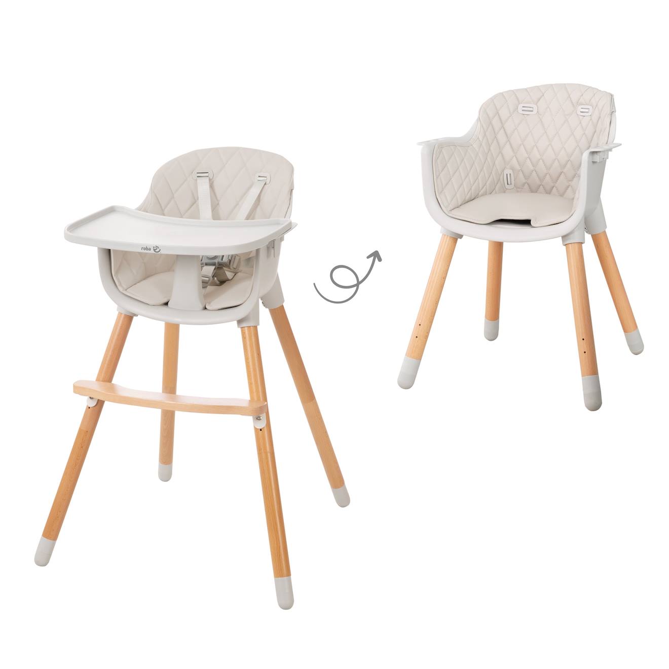 Chaise Haute Rembourrée Avec Plateau Repas Style Up Wood Bois Naturel - Gris