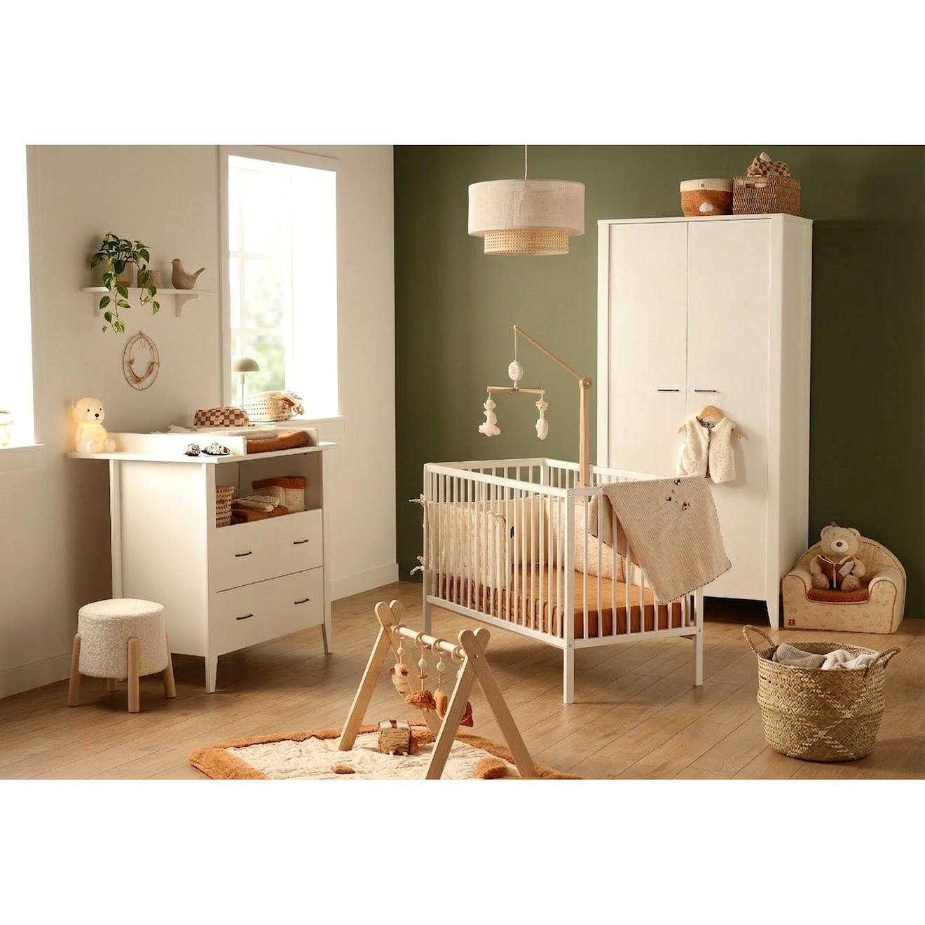 Chambre Bébé 3 Pièces , Lit 120x60 À Barreaux, Commode À Langer, Armoire 2 Portes - Angele Blanc