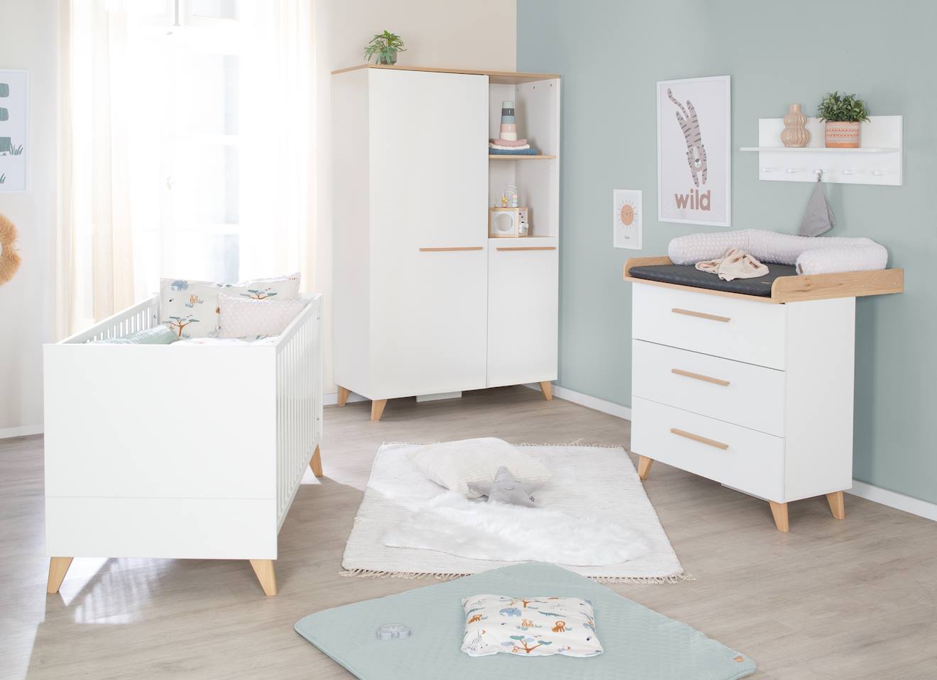 Chambre Bébé Complète - Lit Évolutif + Commode À Langer Et Armoire Leon Blanc - Chêne Othello