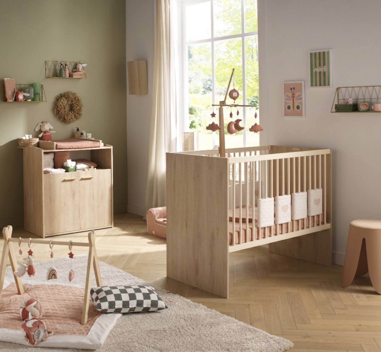Chambre Bébé Duo: Lit Bébé 60x120 Évolutif Et Commode À Langer 2 Portes Décor Bois Hêtre - Adele Marron