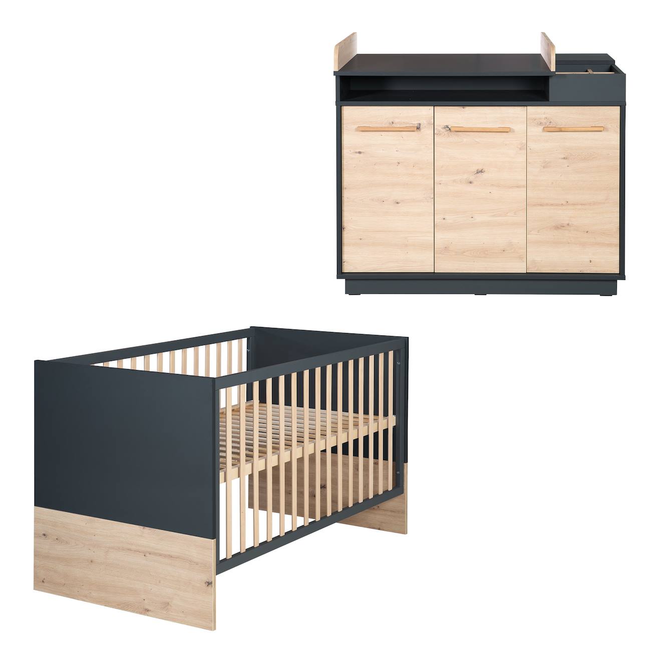 Chambre Bébé Évolutive 2 Pièces - Lit Et Commode À Fermeture Douce Lenn Anthracite / Chêne Artisan