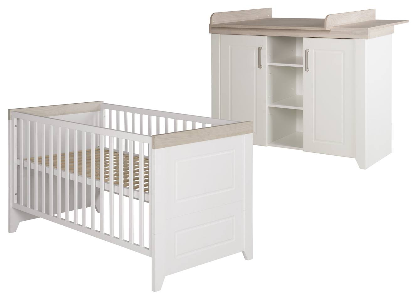 Chambre Bébé Évolutive 2 Pièces - Style Rustique Moderne Avec Soft-close Felicia Blanc Cassé / Décor Luna Elm