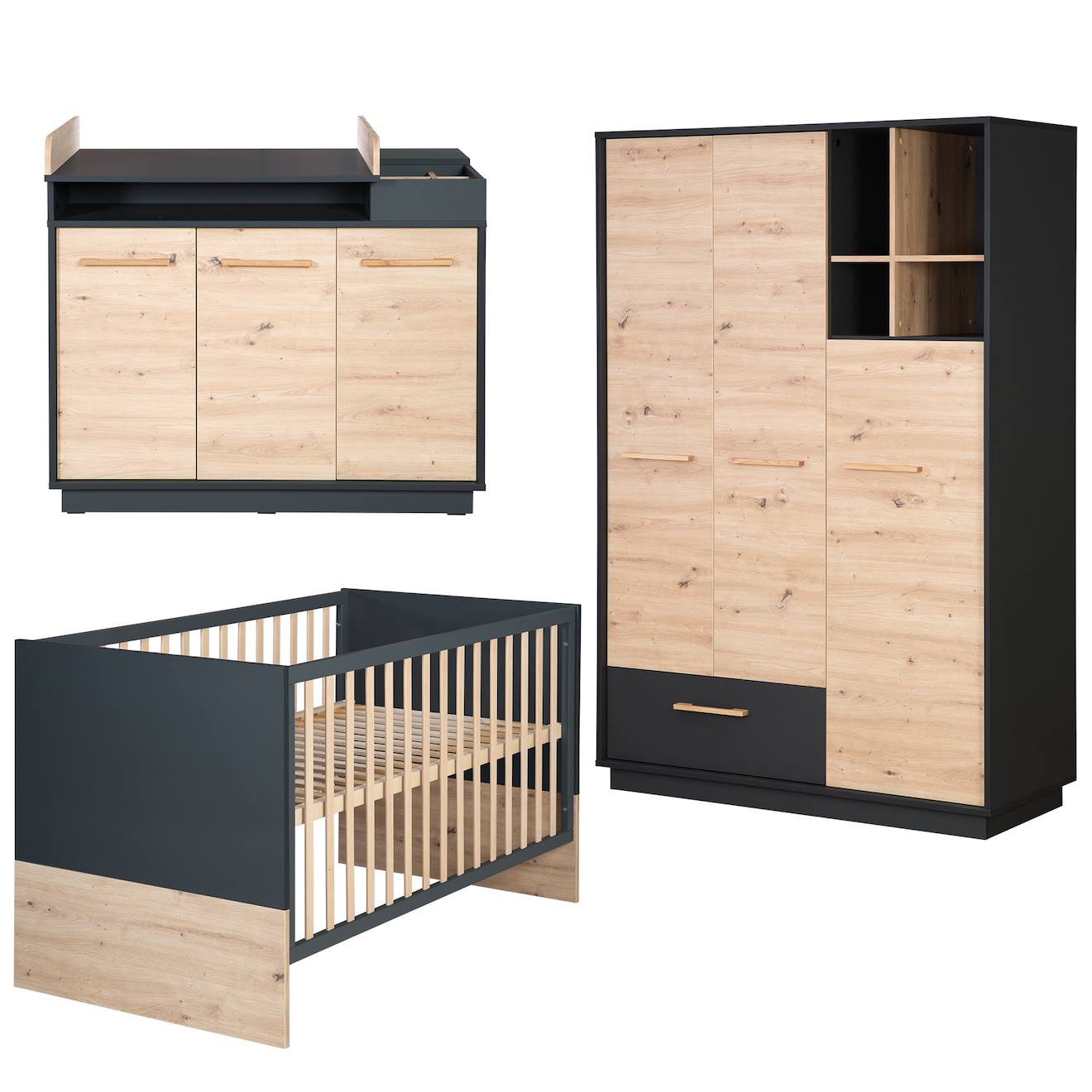 Chambre Bébé Évolutive Complète Avec Soft-close Lenn Anthracite / Chêne Artisan