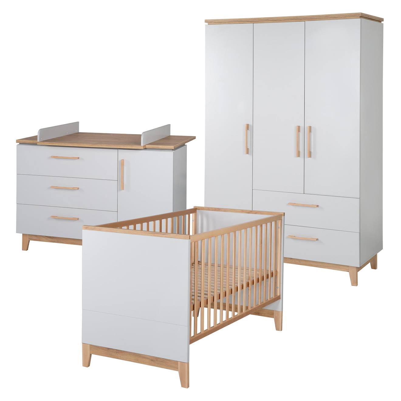 Chambre Bébé Évolutive Complète - Style Scandinave Avec Soft-close Caro Gris Clair / Chêne Doré