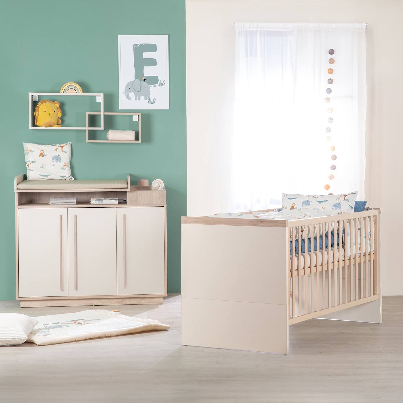 Chambre Bébé Évolutive - Lit + Commode À Langer Elva Cachemire - Noyer De Virginie