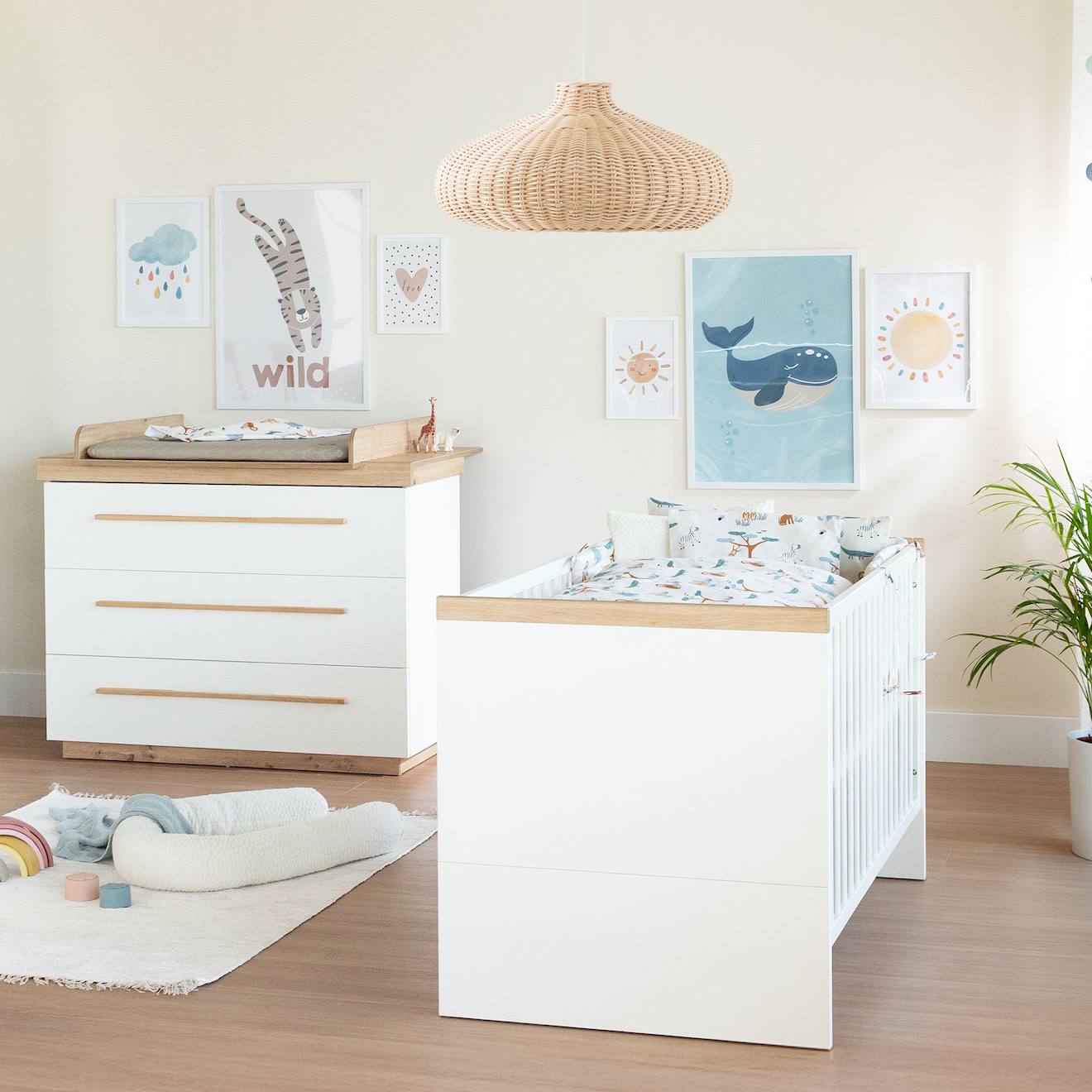 Chambre Bébé Évolutive - Lit + Commode À Langer Lumo Blanc - Chêne Artisan
