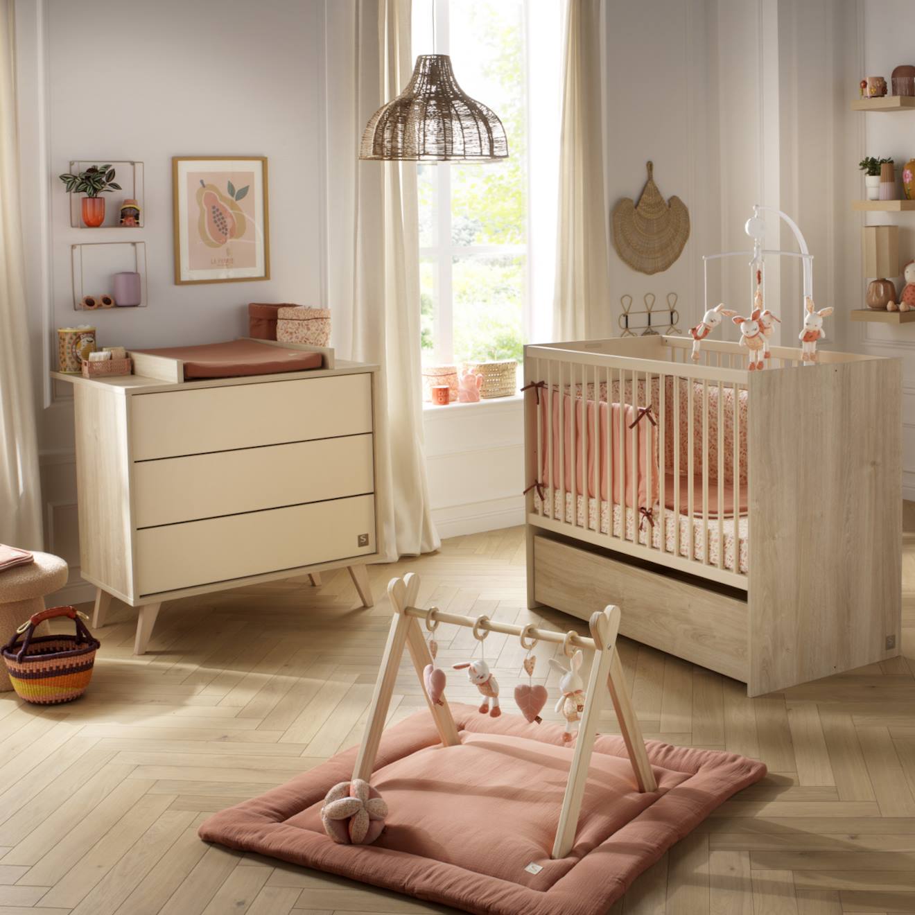 Chambre Bébé, Lit 120x60 Évolutif Et Commode À Langer 3 Tiroirs - Melinee Beige