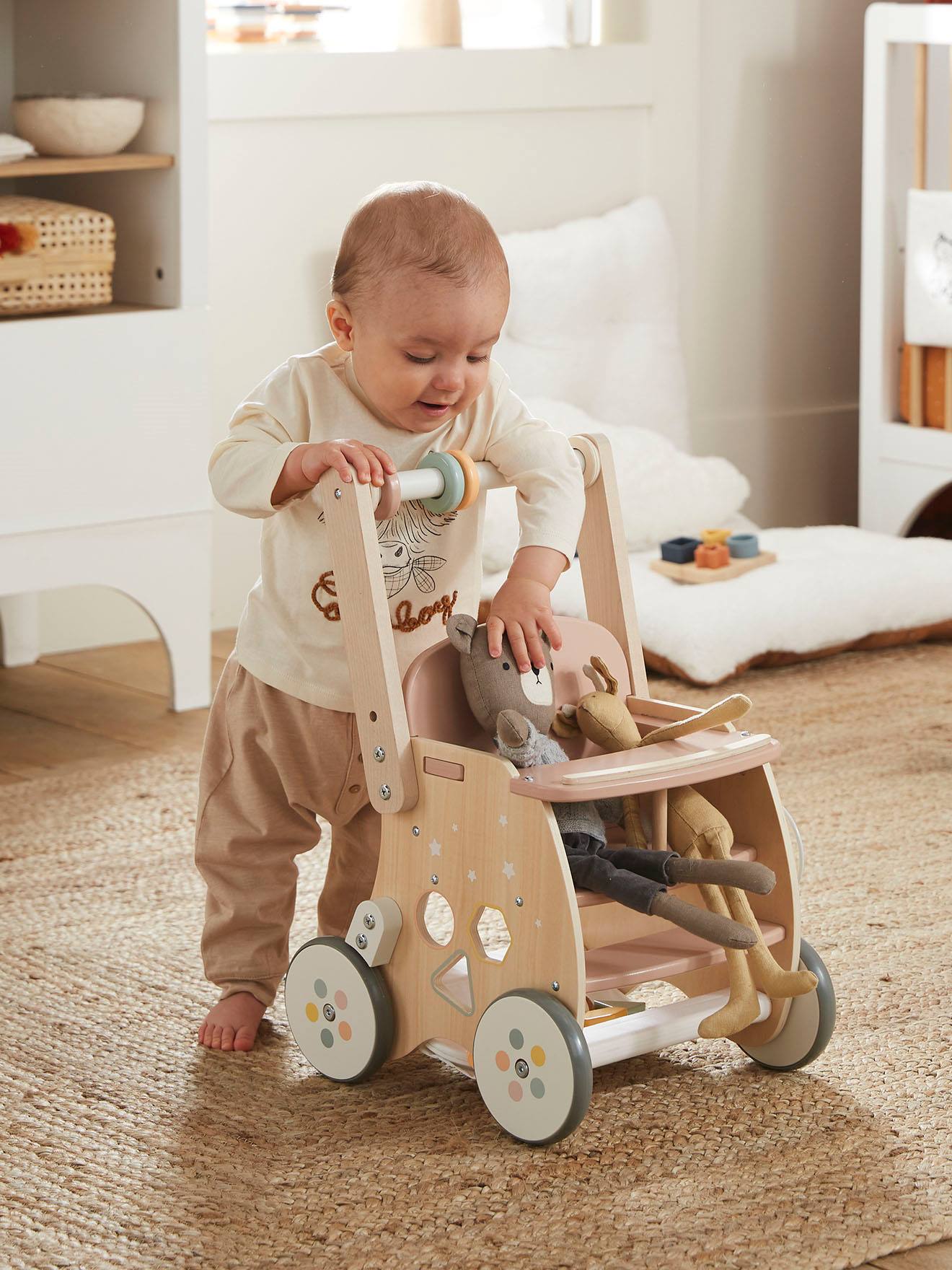 Chariot de marche poussette en bois FSC rose
