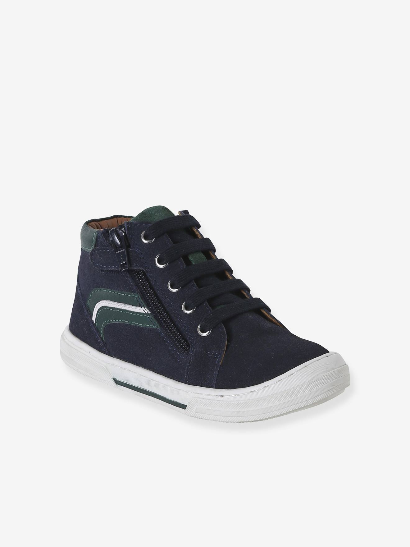 Chaussures enfant garçon cuir montantes zippées et lacées marine