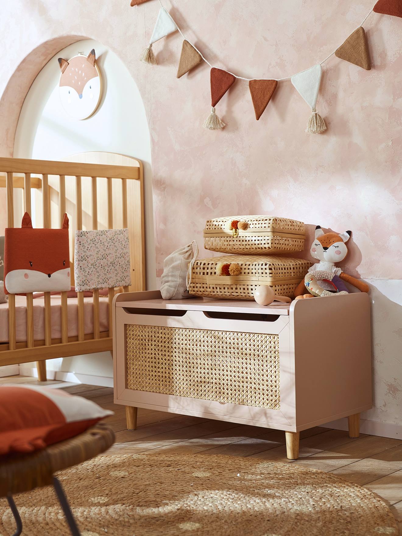 Coffre à jouets cannage LIGNE POÉSIE rose