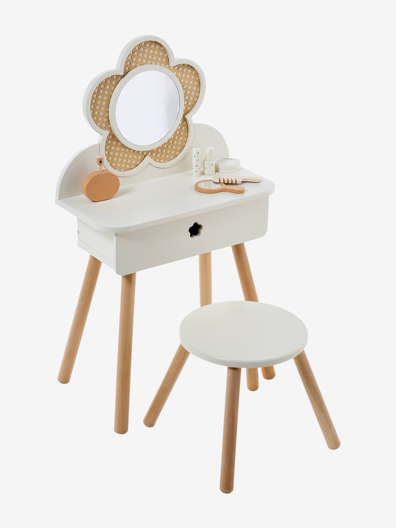 Coiffeuse cannage + accessoires en bois FSC® écru