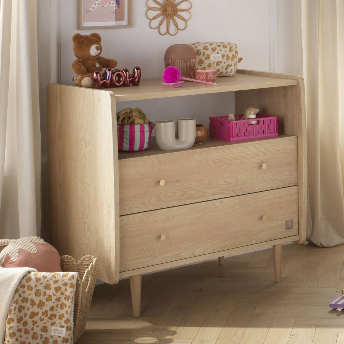 Commode 2 Tiroirs Et 1 Niche Pieds Bois Et Poignées Métal - My Love Marron