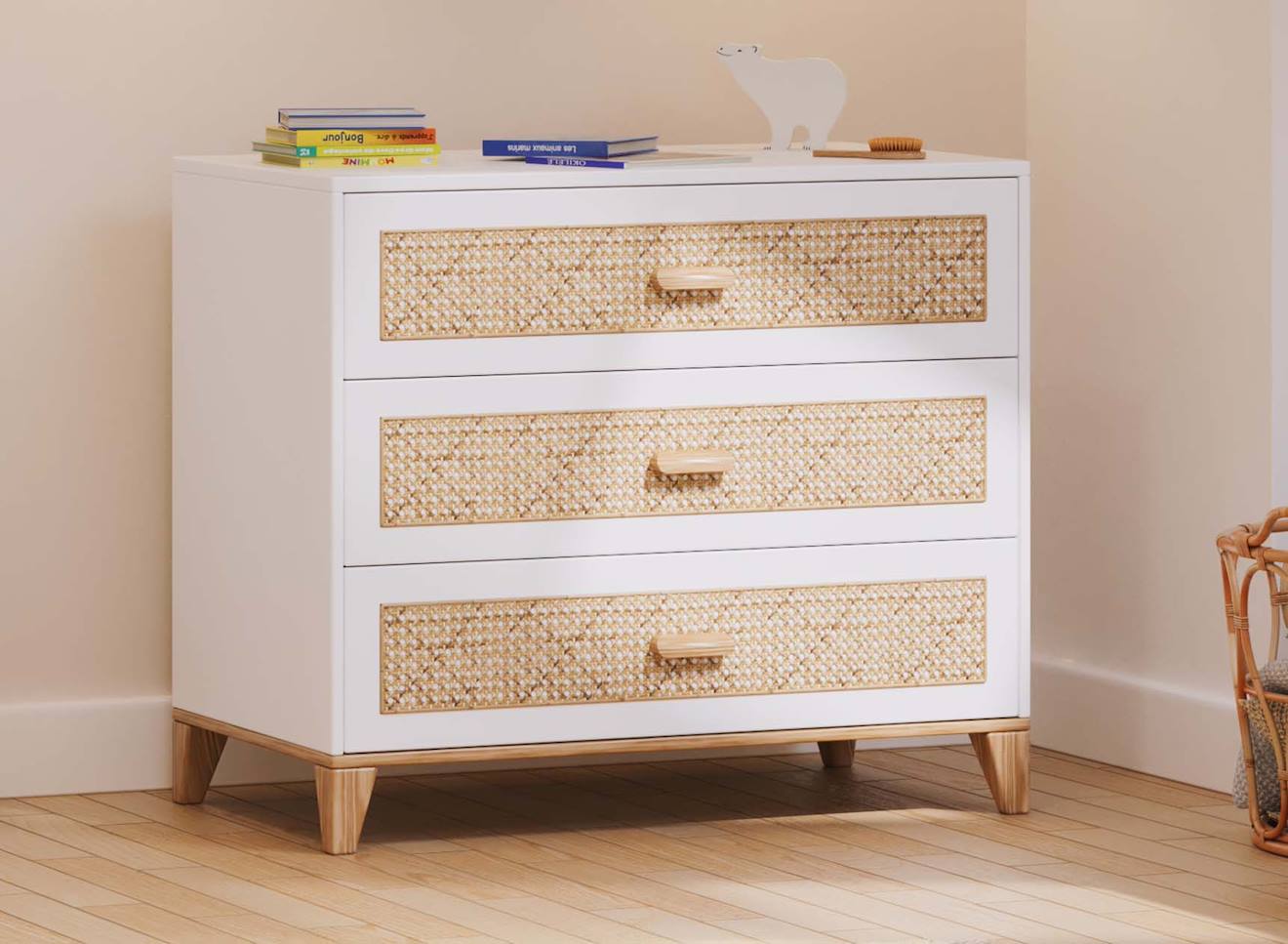 Commode 3 Tiroirs Cannage Rotin Nami Blanc
