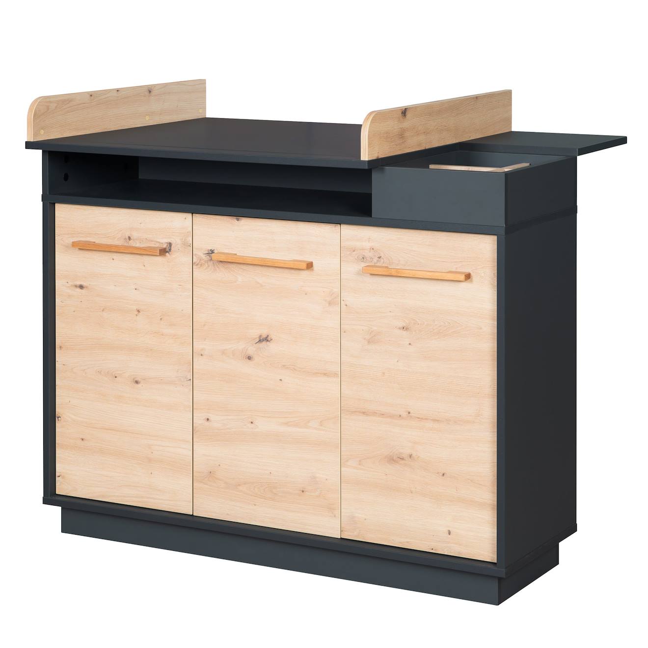 Commode À Langer Évolutive 3 Portes Et Compartiments Ouverts Lenn Anthracite / Chêne Artisan