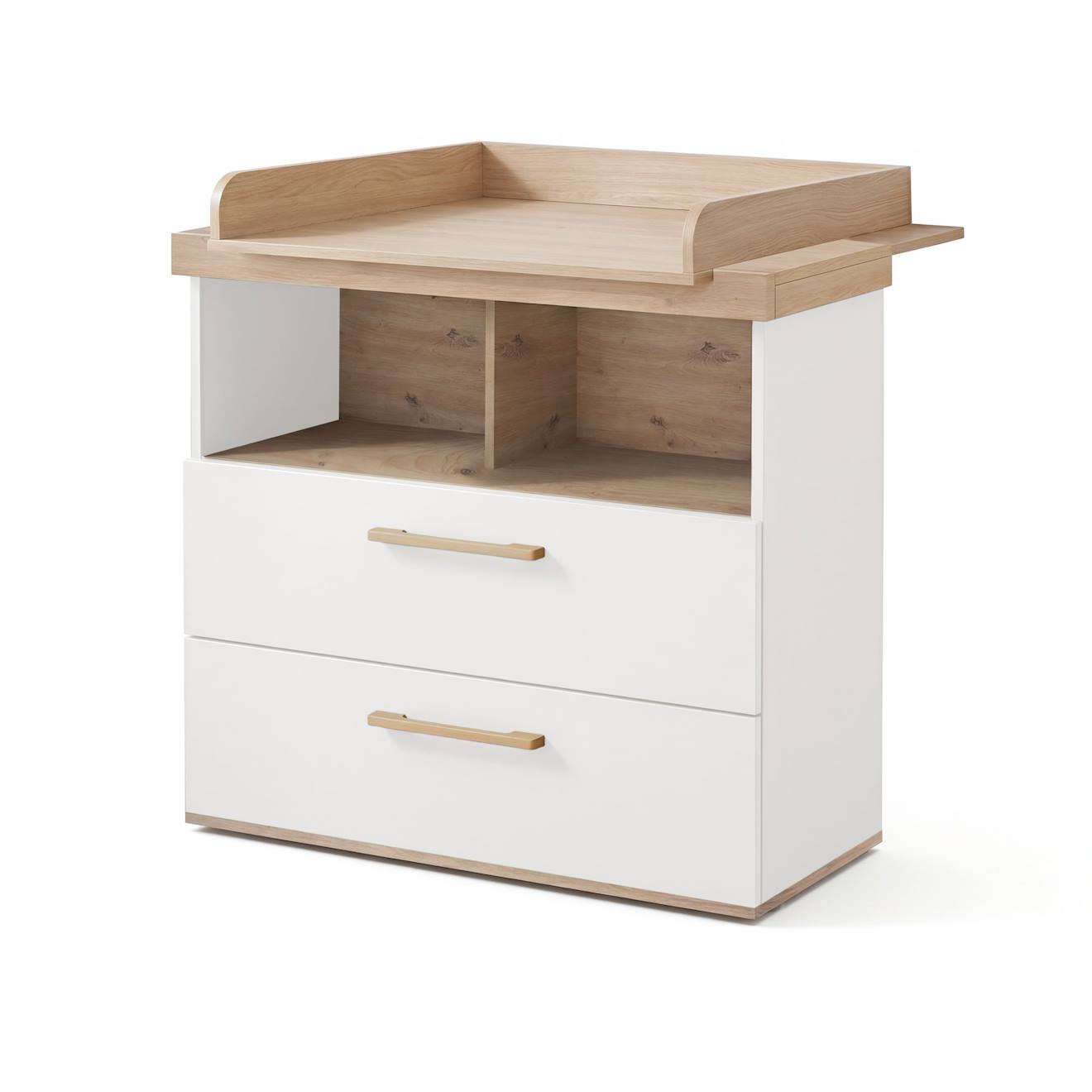 Commode À Langer 'jimmy' Avec Tiroir / Compartiment Ouvert – Poignées En Bois Massif Blanc