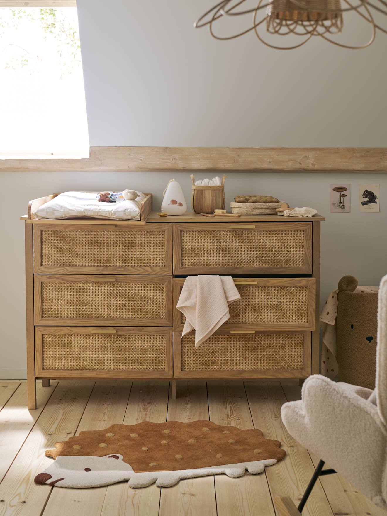 Commode double cannage avec 6 tiroirs, profondeur 42cm bois