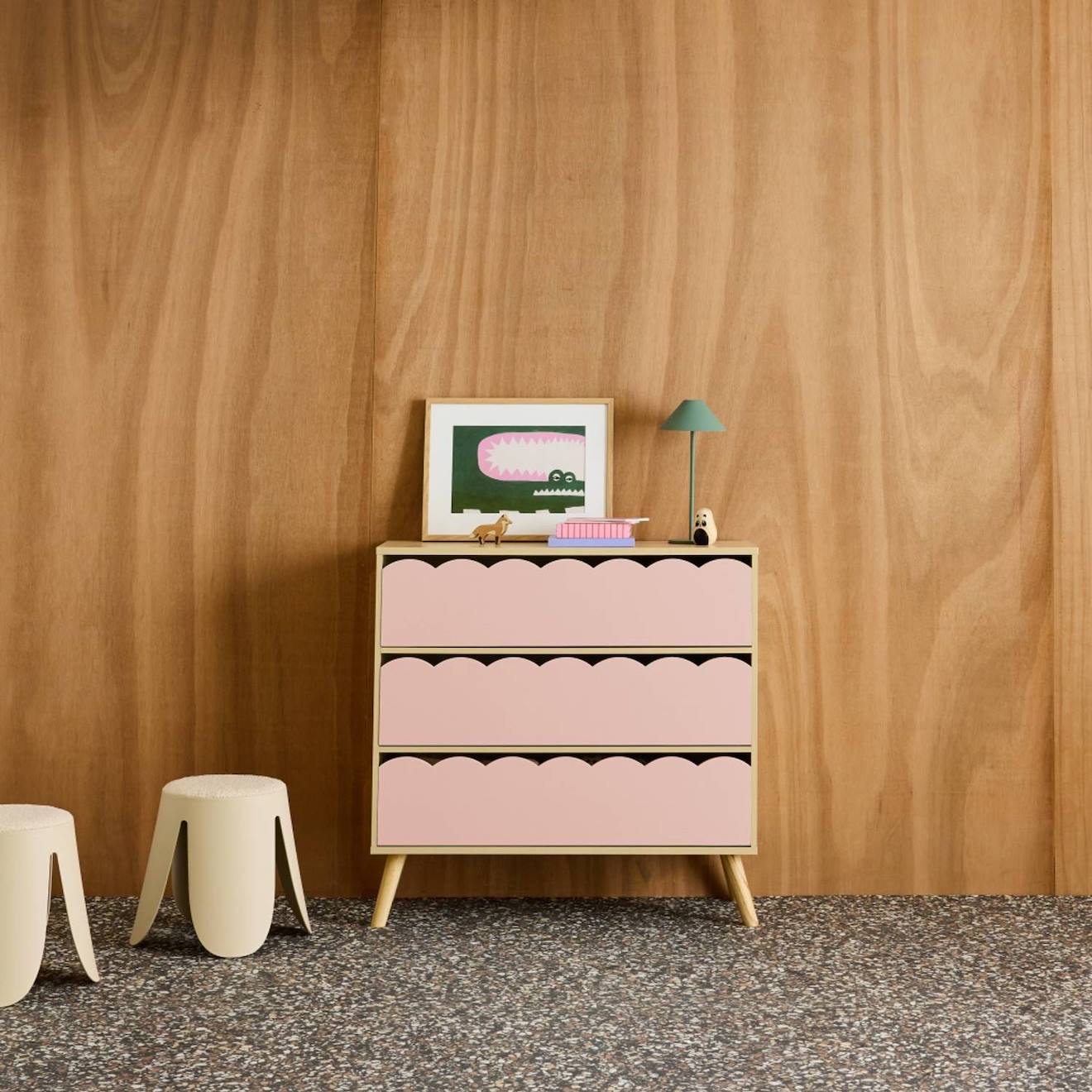 Commode Enfant Décor Bois 3 Tiroirs, Pieds Bois De Pin - 80 X 30 X 79 Cm - Azur Rose