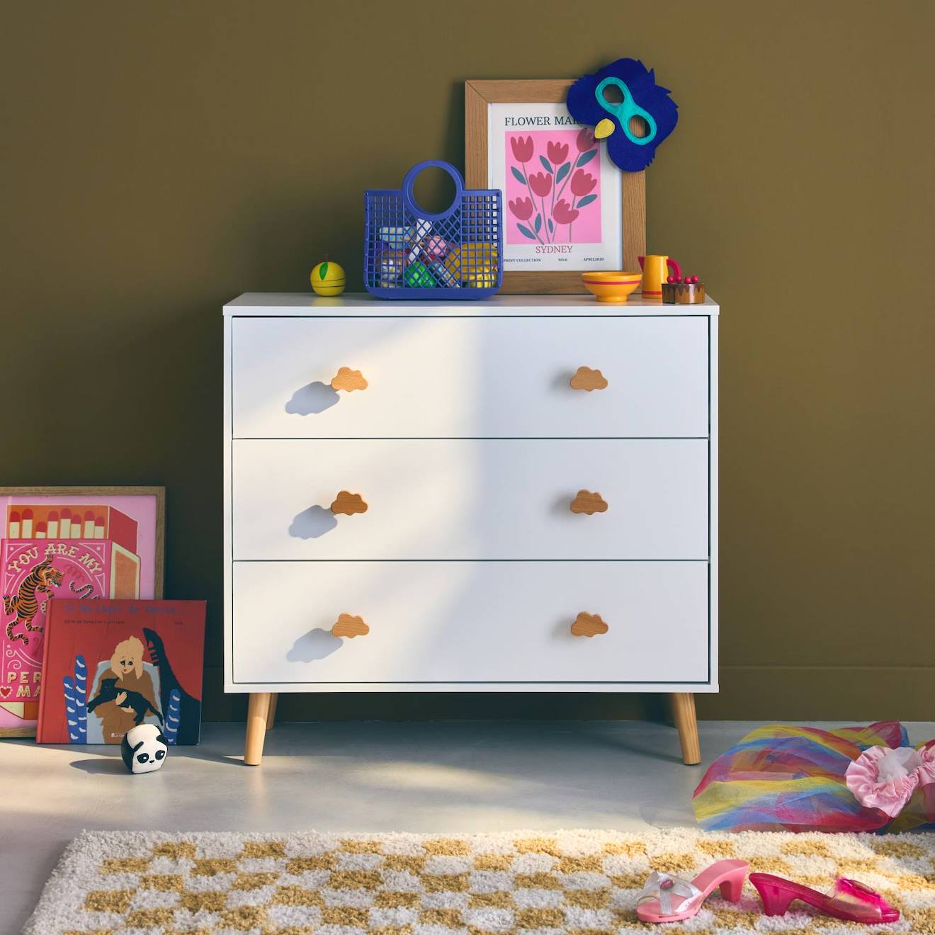 Commode Enfant, Décor Bois, 3 Tiroirs, Pieds Et Poignées Nuage En Pin Blanc