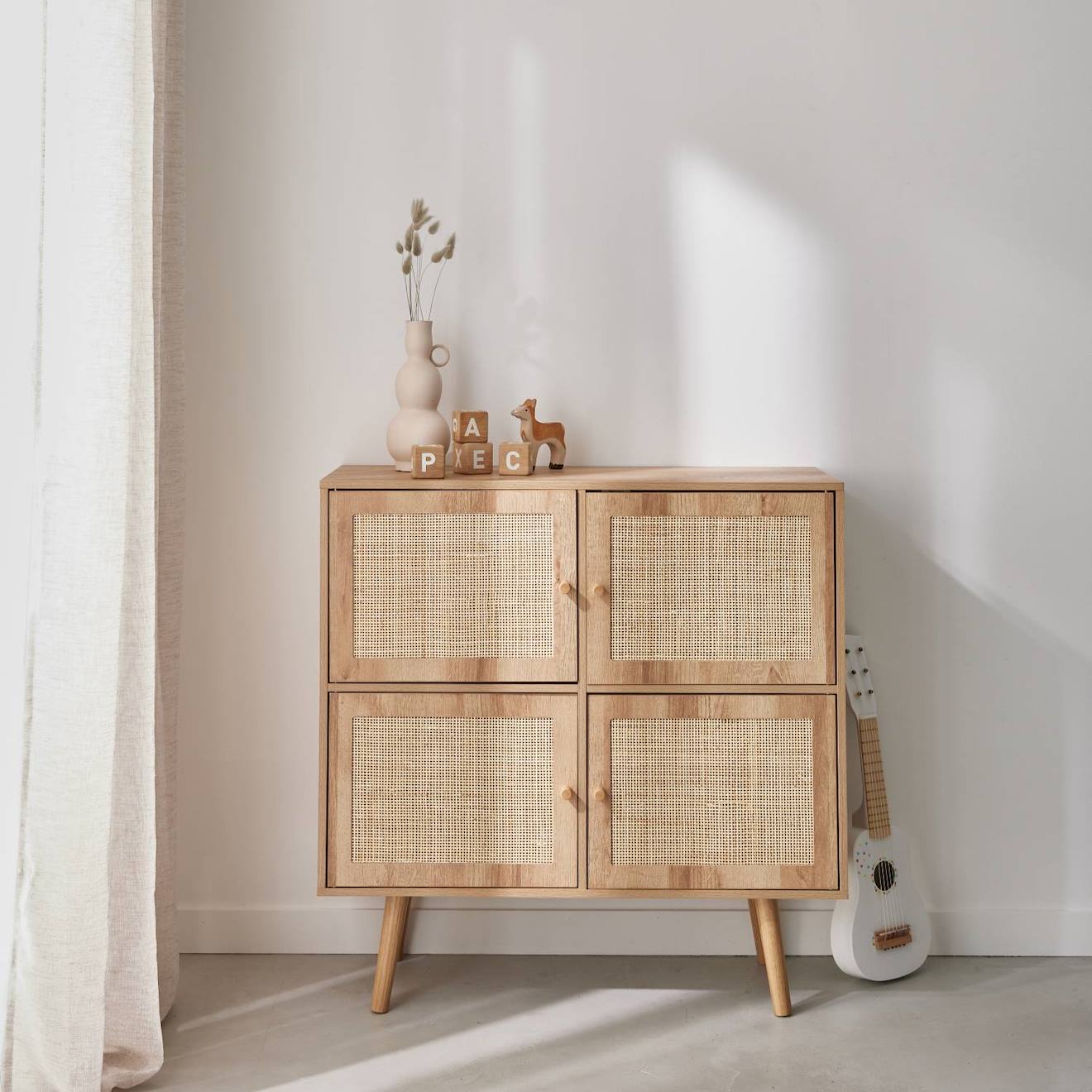 Commode Enfant Décor Bois 4 Portes En Cannage Naturel