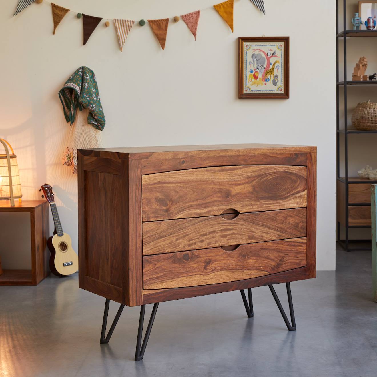 Commode Enfant En Bois De Sheesham 3 Tiroirs Bonnie Marron