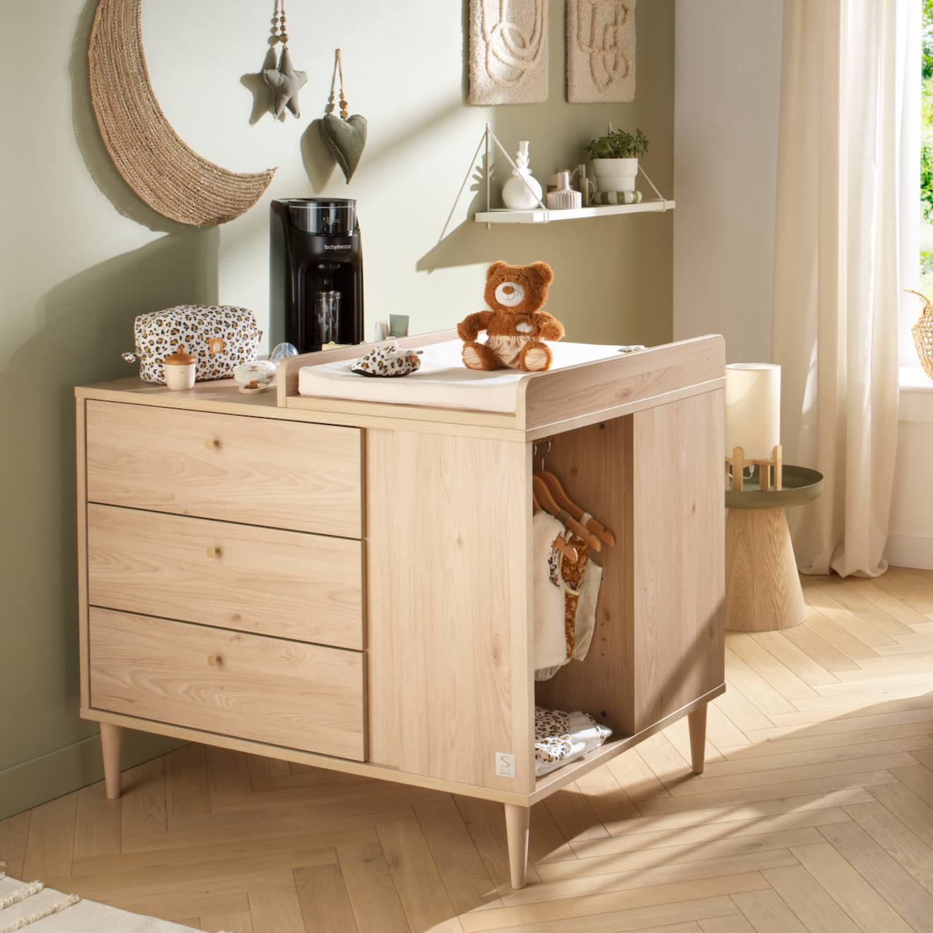 Commode-îlot Bébé Avec Plan À Langer Avec Rangements 3 Faces - Roulettes Incluses - Ilot Bebe Marron