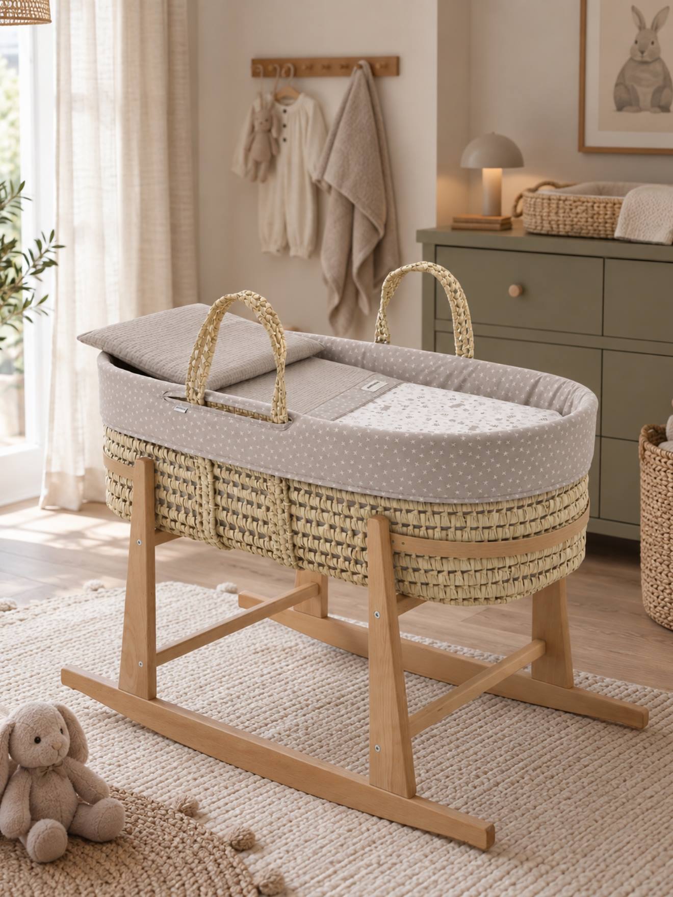 Couffin Bébé Matelassé Avec Support En Bois Beige/natural