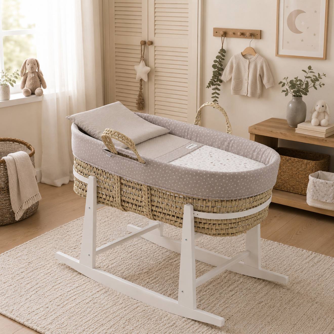 Couffin Bébé Matelassé Avec Support En Bois Beige/white