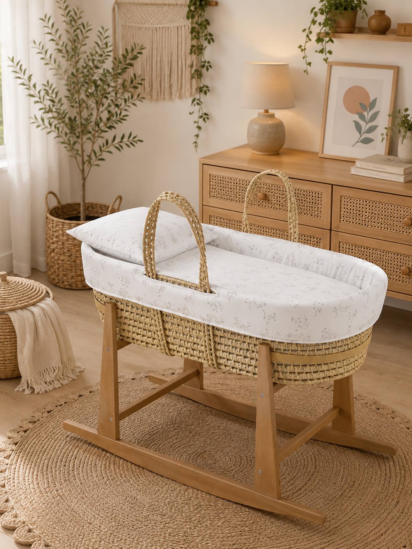 Couffin Bébé Matelassé Avec Support En Bois Ecru/natural