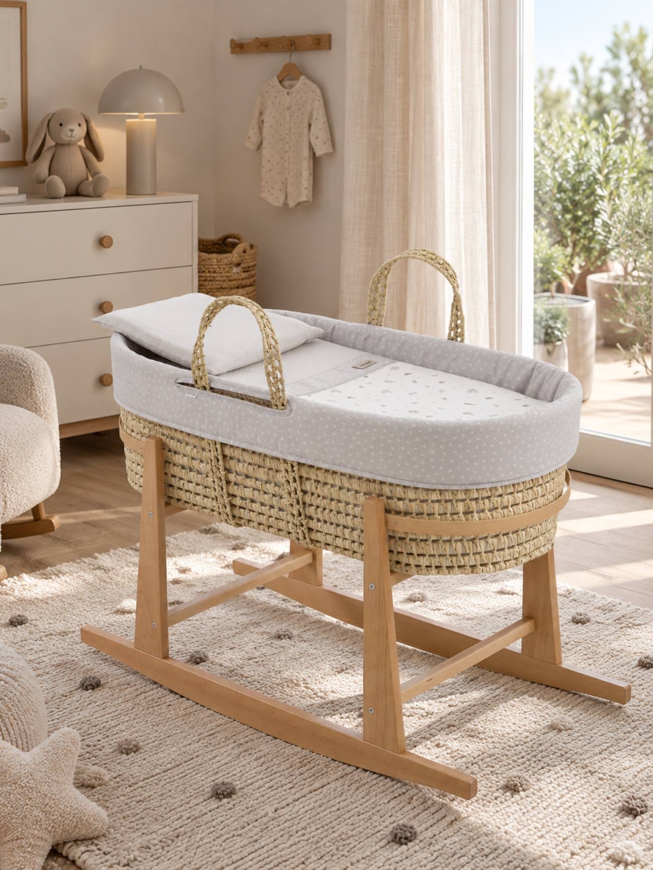 Couffin Bébé Matelassé Avec Support En Bois Grey/natural