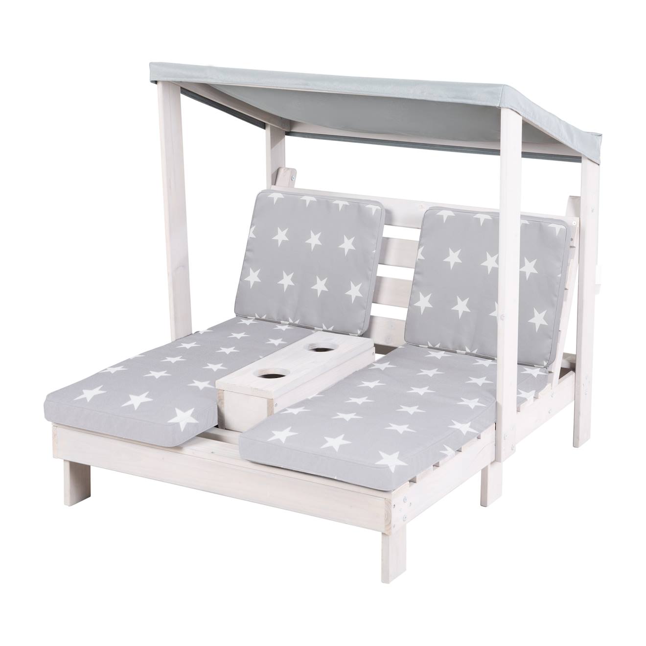 Double Chaise Longue En Bois Massif Fsc® + 4 Coussins Et Pare Soleil Gris / Motif Étoiles