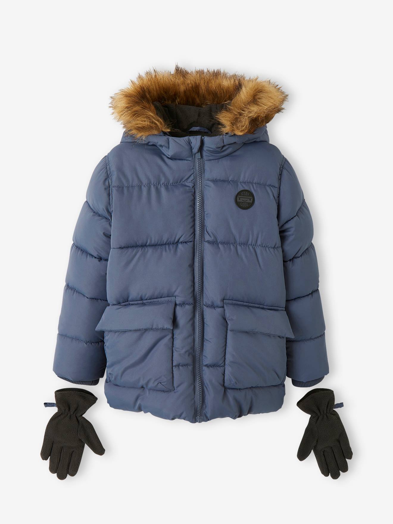 Doudoune à capuche doublée polaire avec gants ou moufles garçon bleu