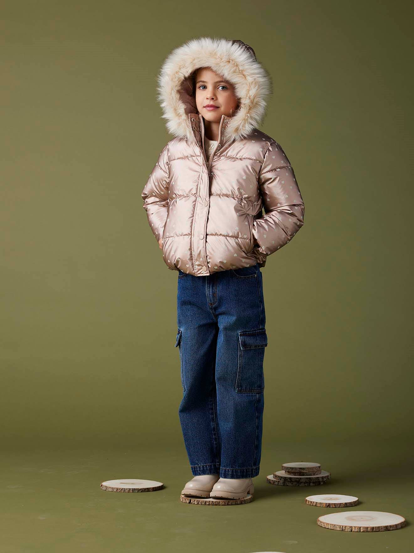 Doudoune à capuche fille doublée maille polaire rose imprimé