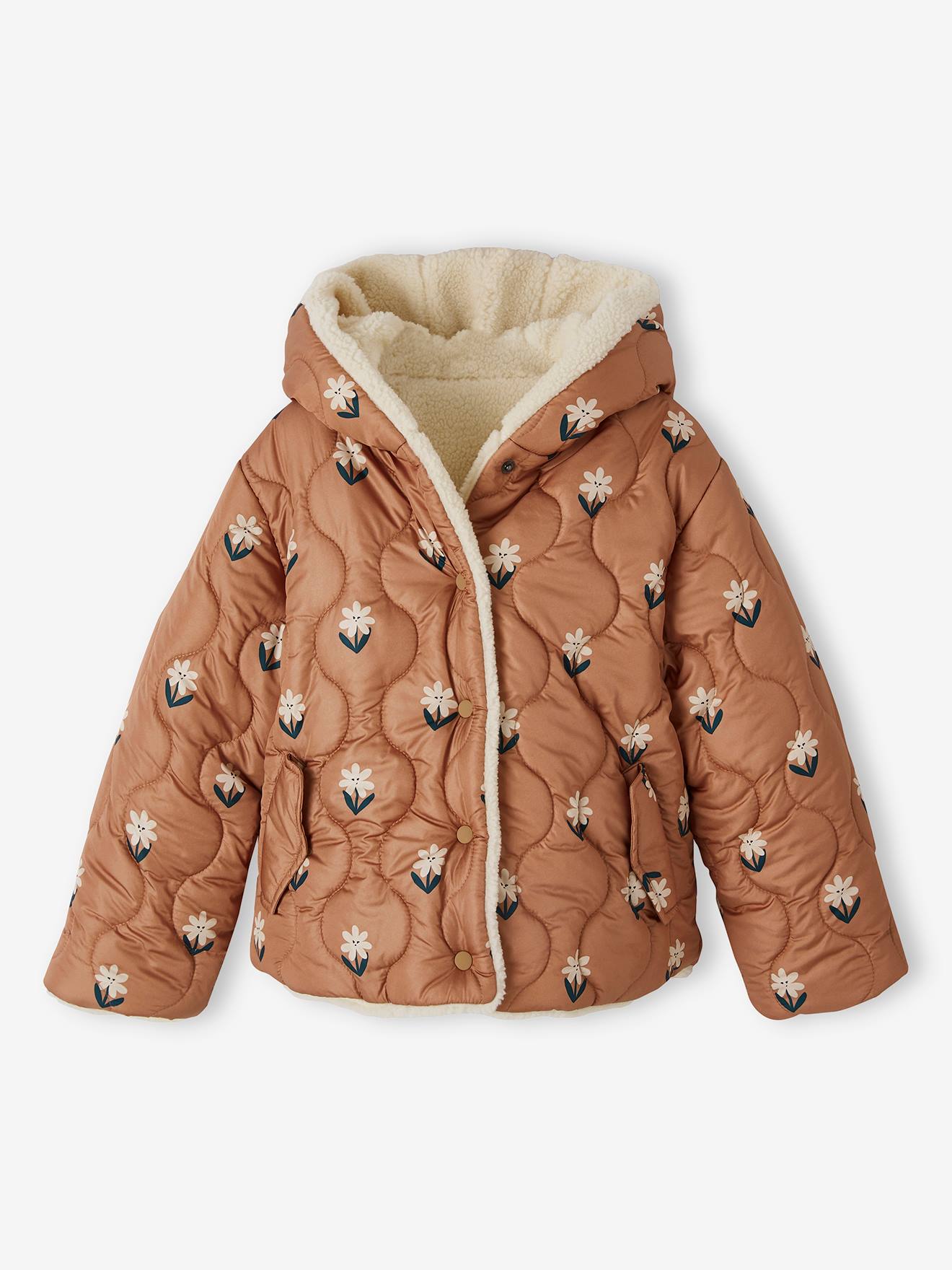 Doudoune à capuche réversible fille matelassée et sherpa noisette