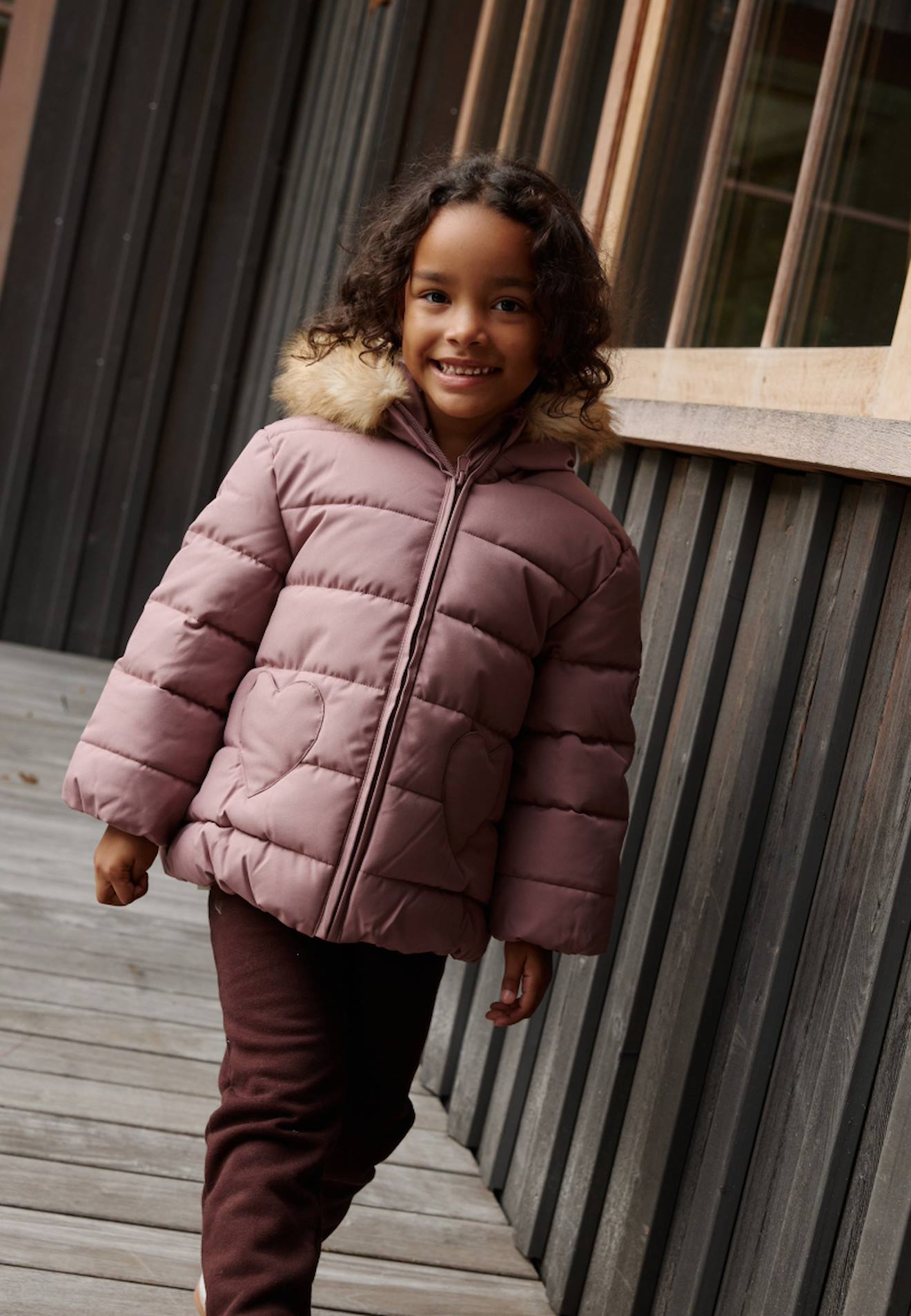 Doudoune Enfant Imperméable Doublée Sherpa Avec Capuche Chloé Rose