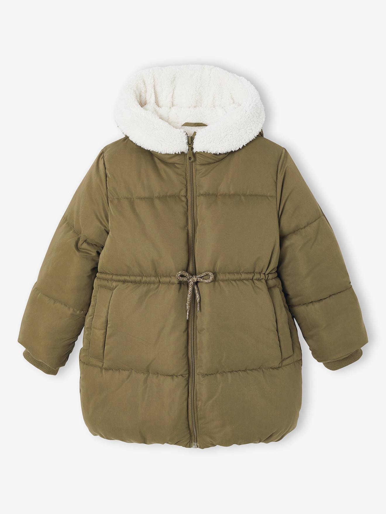 Doudoune fille longue à capuche kaki